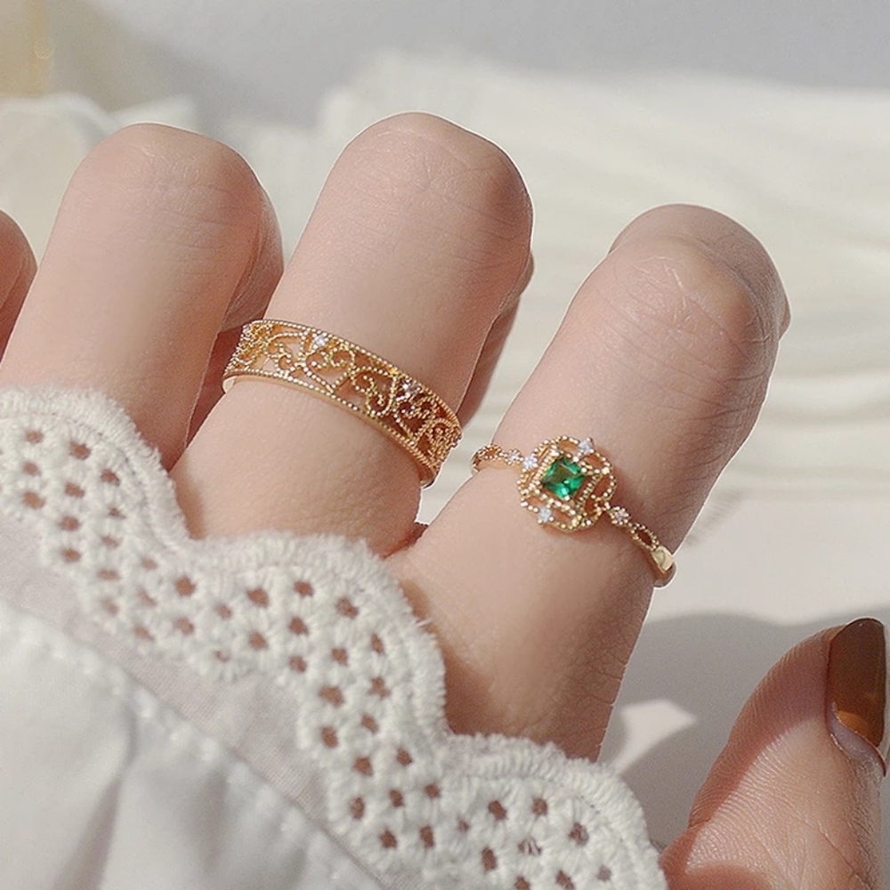 NEW Handmade Lace 14k Gold Filled Diamond Emerald Milgraine Adjustable Ring - Picture 2 of 16